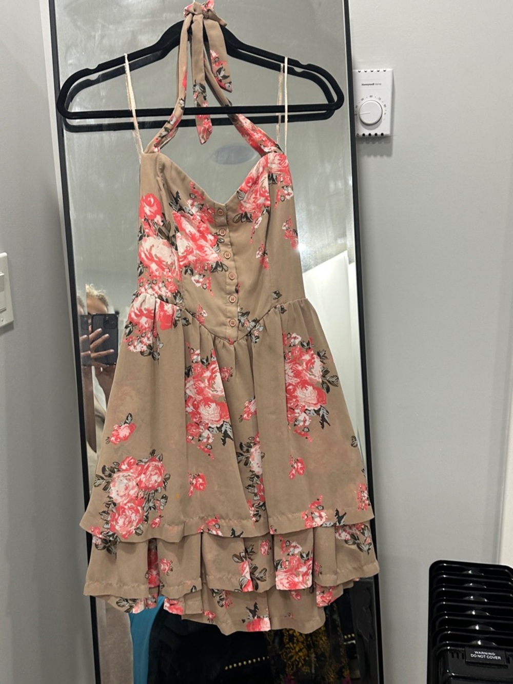 Floral Tiered Halter Sundress in Taupe and Coral